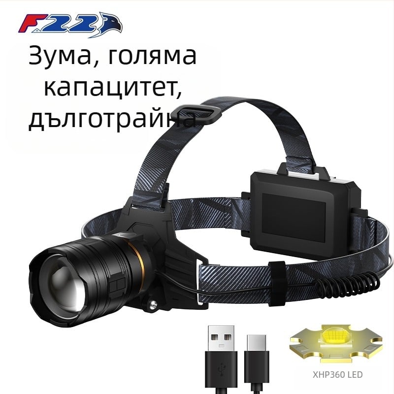 LED челна лампа с алуминиев корпус, 5400 mAh батерия, зум лъч, 360° въртене, обхват над 500 m, презареждаема, за нощен риболов и къмпинг