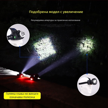 LED челник с T6, регулируем зум, USB зареждане, мощност 10W и батерия 1200mAh, 360° въртене, обхват 100–200 м