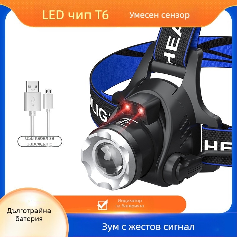 LED челник с T6, регулируем зум, USB зареждане, мощност 10W и батерия 1200mAh, 360° въртене, обхват 100–200 м