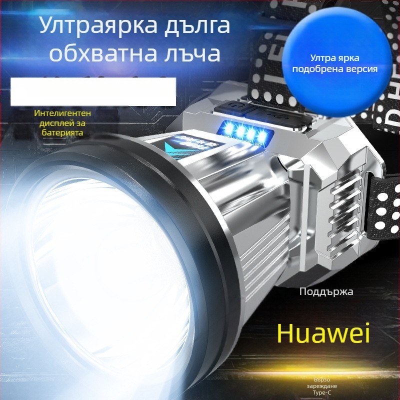 Презареждаща се LED челна лампа с Type-C зареждане — 10W, 1200mAh, глава за носене, лъч 200–500 м, подходяща за нощен риболов и къмпинг
