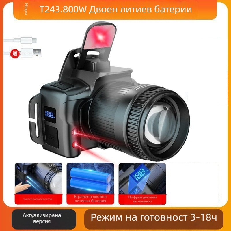 Презареждаща се LED челна лампа с Type-C зареждане — 10W, 1200mAh, глава за носене, лъч 200–500 м, подходяща за нощен риболов и къмпинг