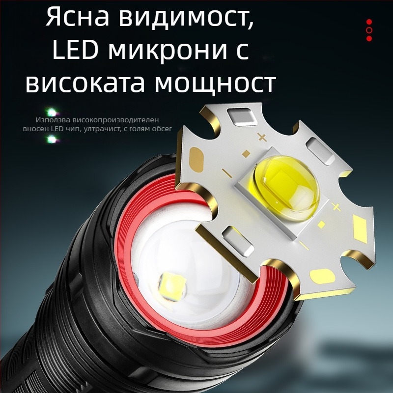 Bolon LED фенер USB-C зареждане, 2400mAh батерия, ръчно задвижване, въртящ се на 360°