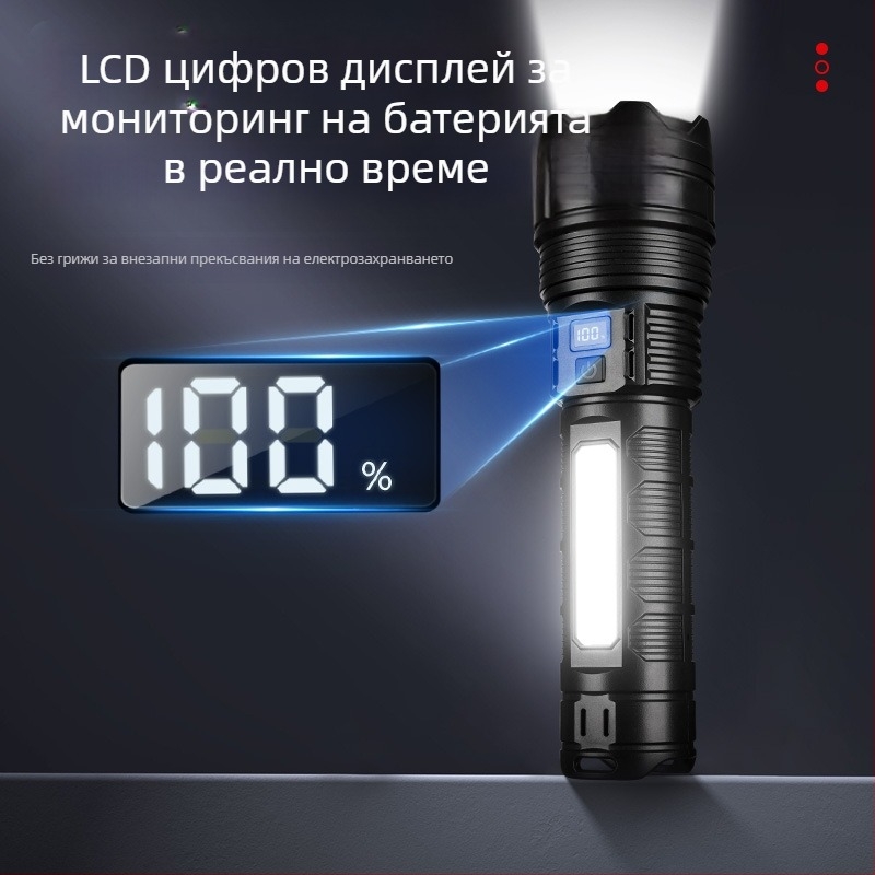 Bolon LED фенер USB-C зареждане, 2400mAh батерия, ръчно задвижване, въртящ се на 360°
