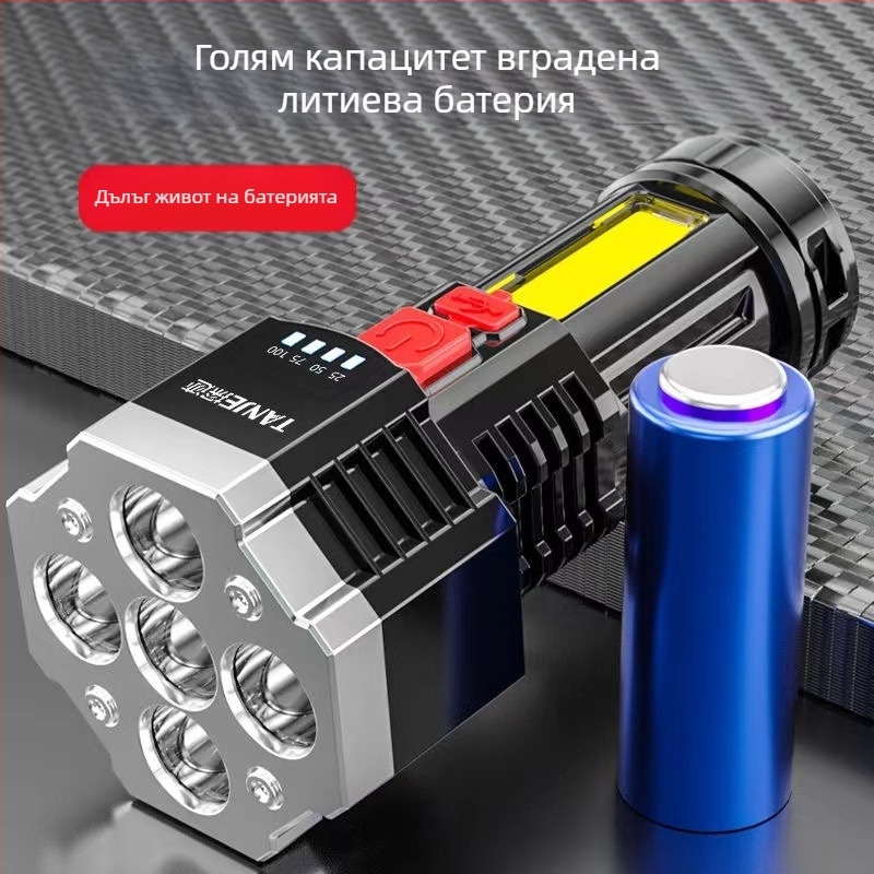 USB зареждаем фенер с петядрен LED за външна употреба, многофункционално дълго осветяване, обхват 100–200 м, 360° въртене