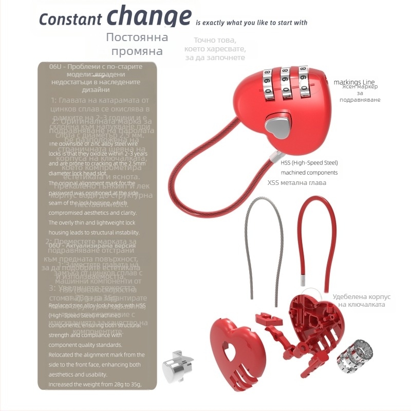 Сърцевиден механичен паролен катинар 06U – цинкова сплав, за ученически чанти, багаж и спортни чанти; 4 mm дебелина на заключващия прът, 15 mm разстояние между пръчките