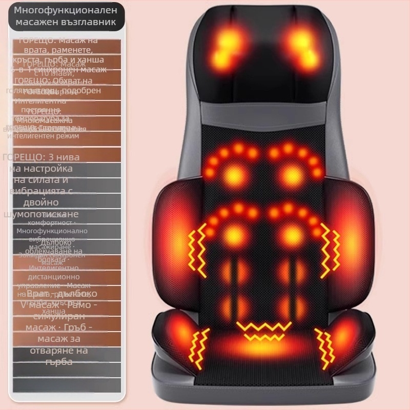 Масажна възглавница за шия, гръб и пояс — автоматичен месещ масажор за стол, 6+ глави, 3-та степен, горещ компрес, захранване с променлив ток