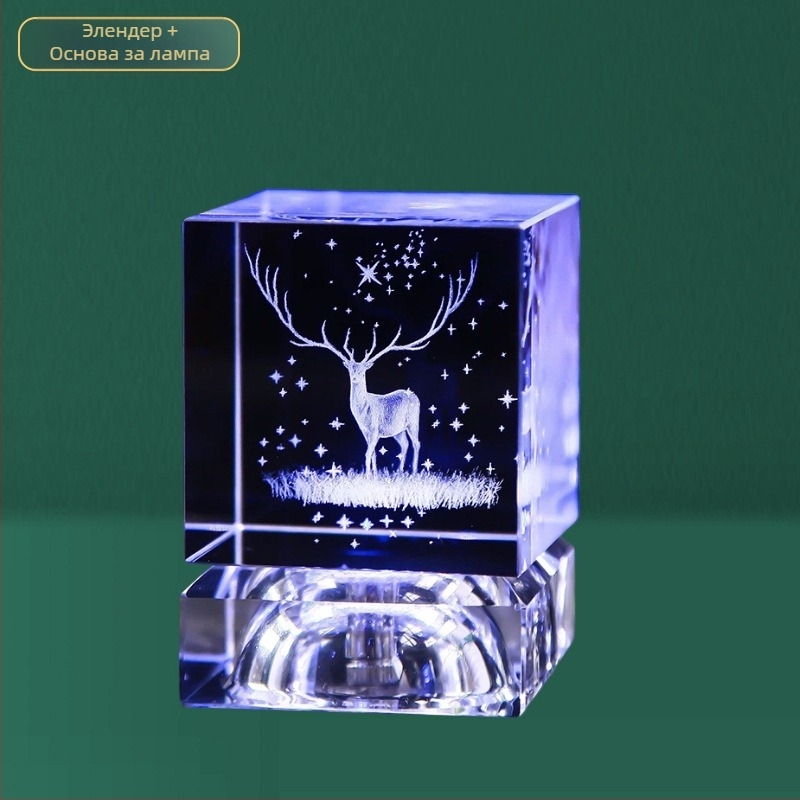 Кристално геометрично кубче с лазерно гравиран портрет на Буда Гуаньин, модерен минималистичен стил, подходящо за спалня