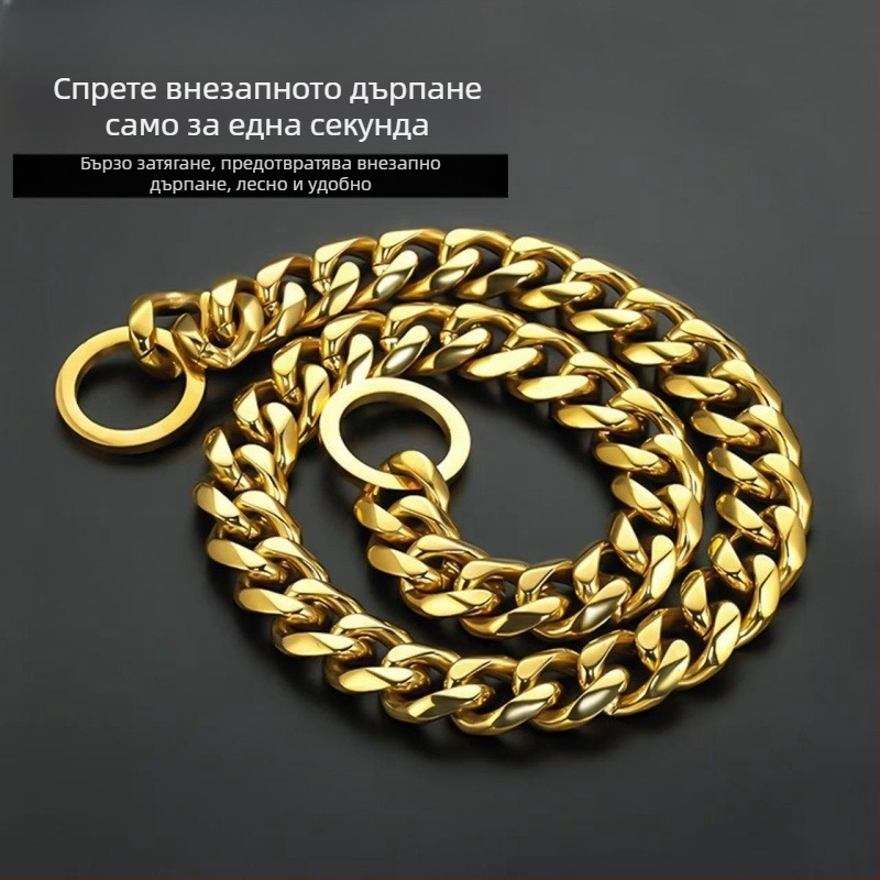 Златист нашийник с P-образна верига за кучета, 304 неръждаема стомана, регулируем, за малки, средни и големи породи