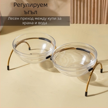 Стъклена котешка купа с двойна тава за храна и вода, регулируем ъгъл, стойка от желязо, марка Shuo Ni