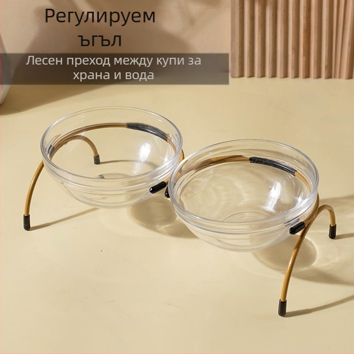 Стъклена котешка купа с двойна тава за храна и вода, регулируем ъгъл, стойка от желязо, марка Shuo Ni
