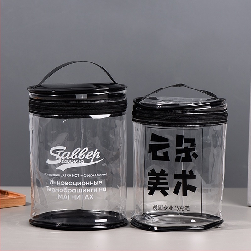 Прозрачна PVC опаковъчна торба с цилиндрична форма и цип за маркери и моливи