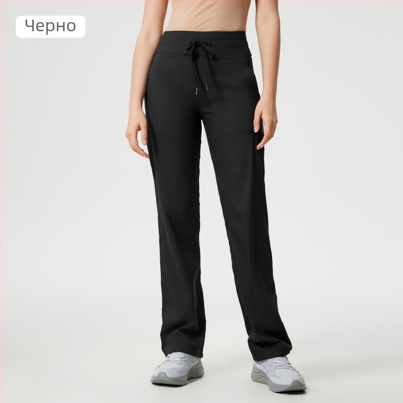Дамски бързосъхнещи спортни панталони за бягане на открито, свободна кройка, талия със средна височина и шнур за стягане; плат: памучно-смесен с 95% найлон, подходящи за всички сезони