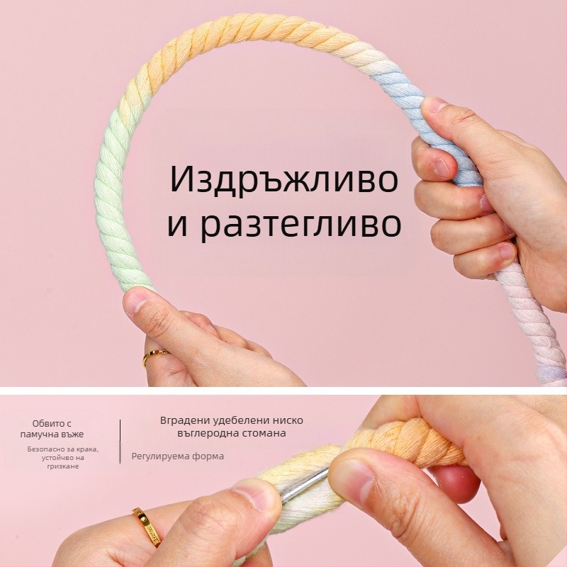 Папагалска играчка с въже за катерене, пръстенна люлка, дъвчаща стълба и стойка за птици; материали: полиестерно‑памучно влакно, PP пластмаса, галванизирани метални фитинги, ядро от нисковъглеродна стомана