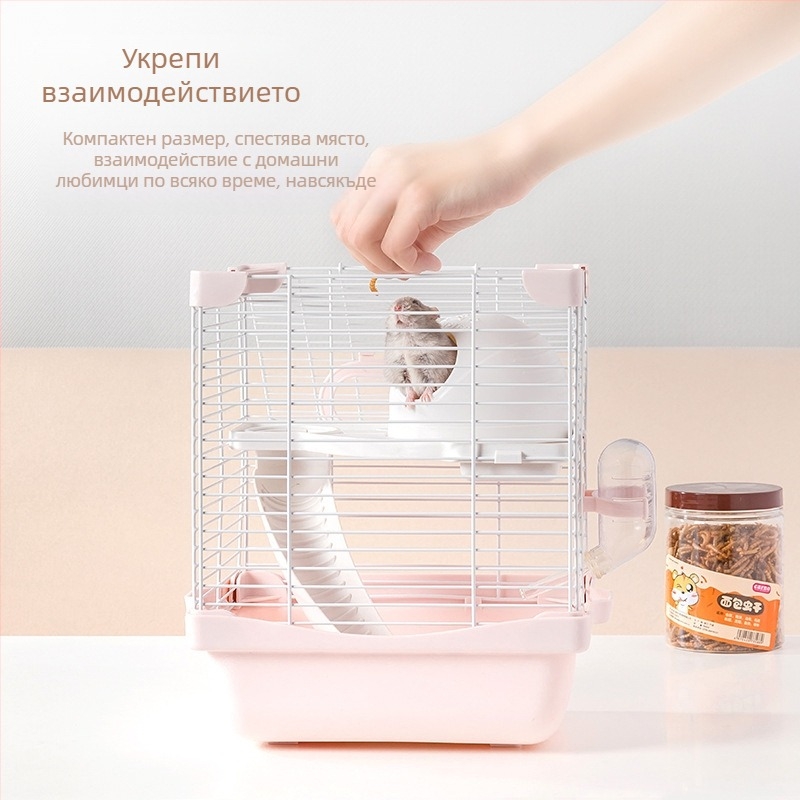 Клетка за хамстери със двойна конструкция и двуетажна платформа, дизайн снежен замък, пластмасова и телена конструкция, за използване през четирите сезона