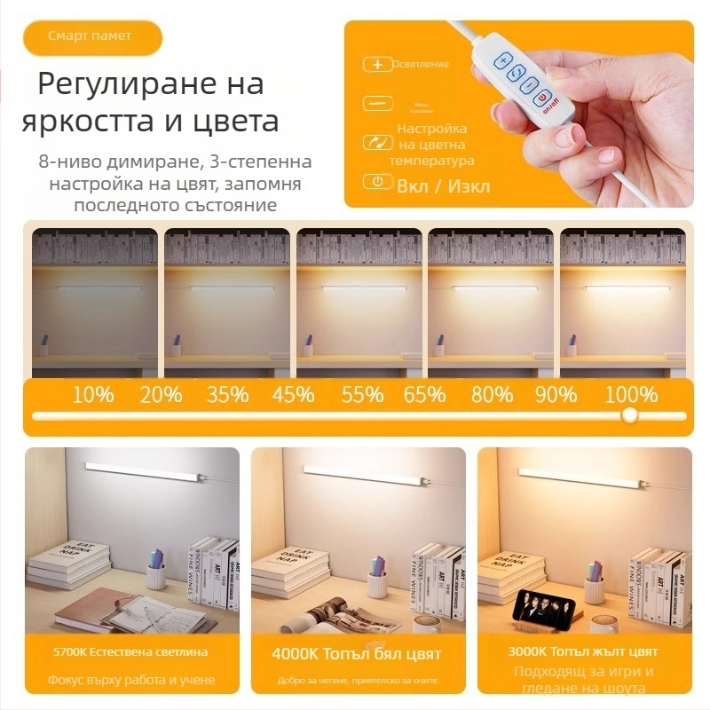 LED лентова настолна лампа за общежитие, USB магнитно закрепване, защита на зрението, 220V вход