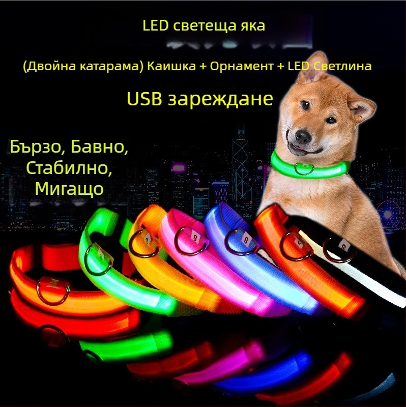 LED светещ каиш за кучета, найлонов, размери XS–XL, за нощно осветление