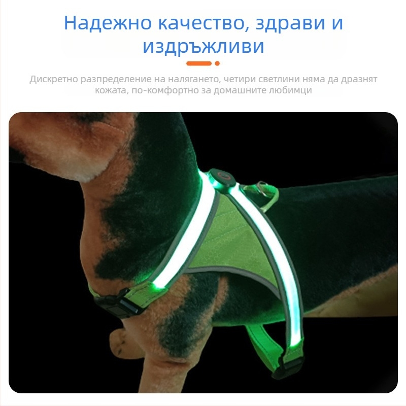 LED светеща гръдна лента за кучета, USB презареждаща, нейлонова, регулируема, за нощни разходки