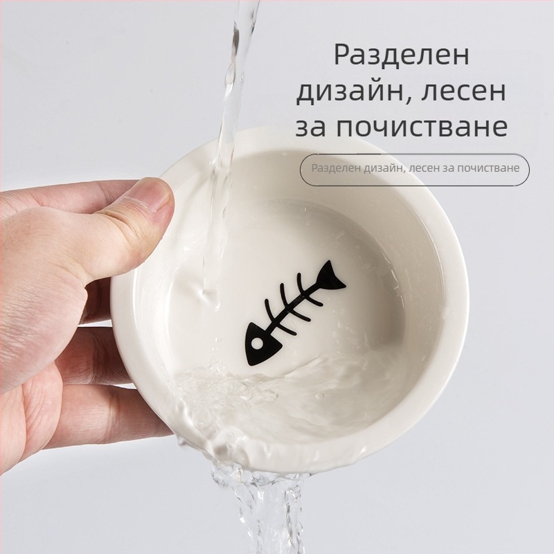 Керамична двойна купа за домашни любимци с бамбукова рамка – лесно почистване, купа за храна и вода за котки и кучета