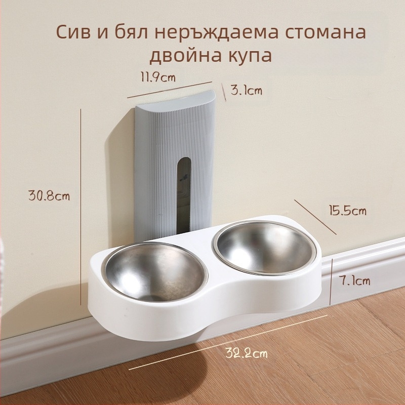 Стенно монтиран хранилник за домашни любимци с две купи, антипреобръщане, пластмасова конструкция, автоматично хранене