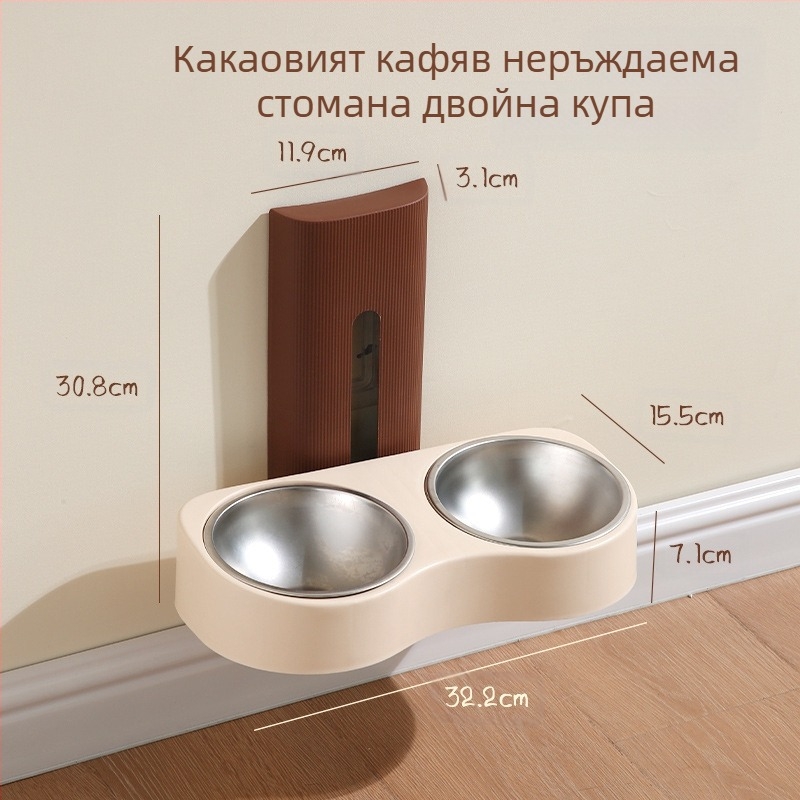 Стенно монтиран хранилник за домашни любимци с две купи, антипреобръщане, пластмасова конструкция, автоматично хранене