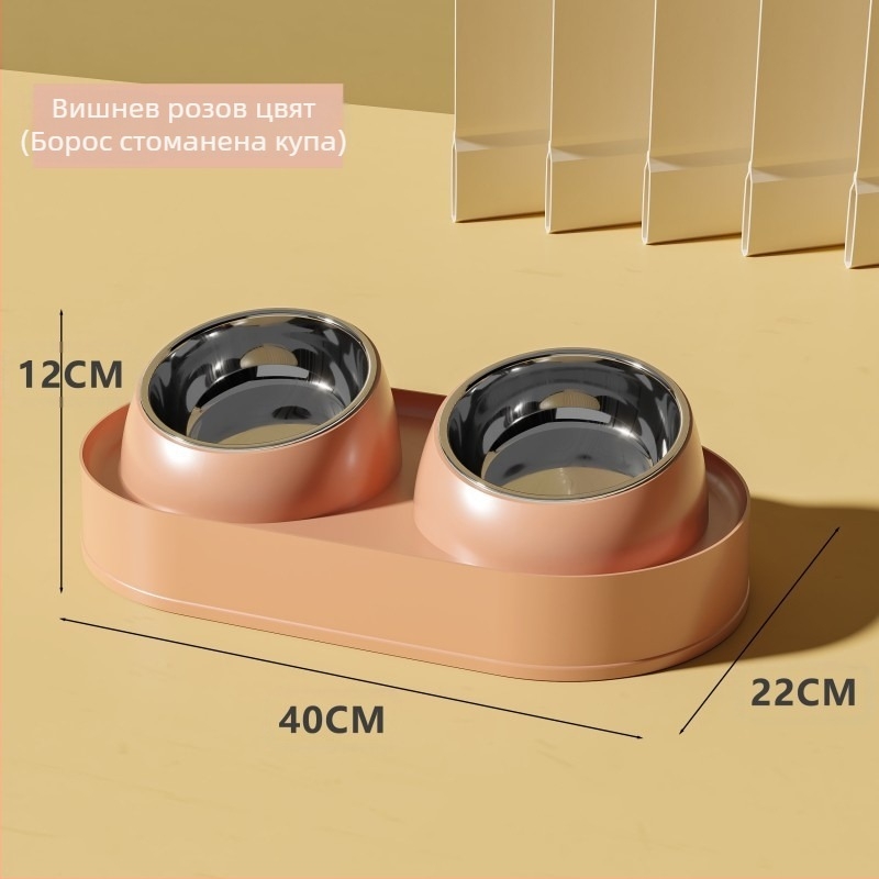 Керамична котешка купа със двойна тава за хранене, антипроливане и наклонено устие за защита на шията