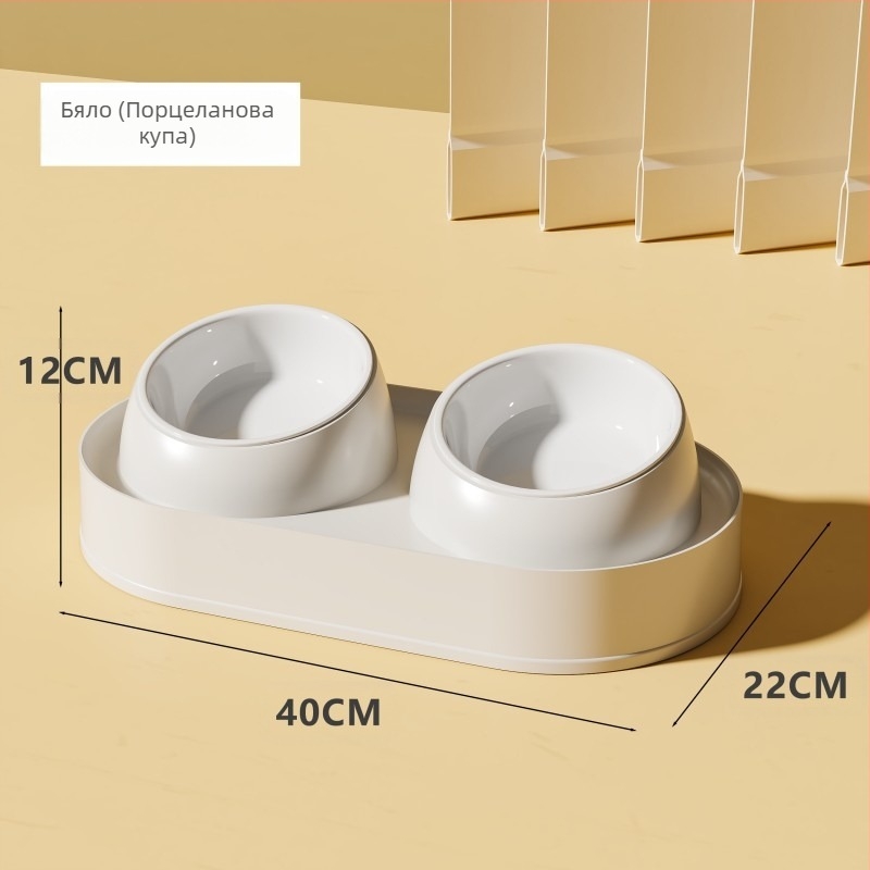 Керамична котешка купа със двойна тава за хранене, антипроливане и наклонено устие за защита на шията