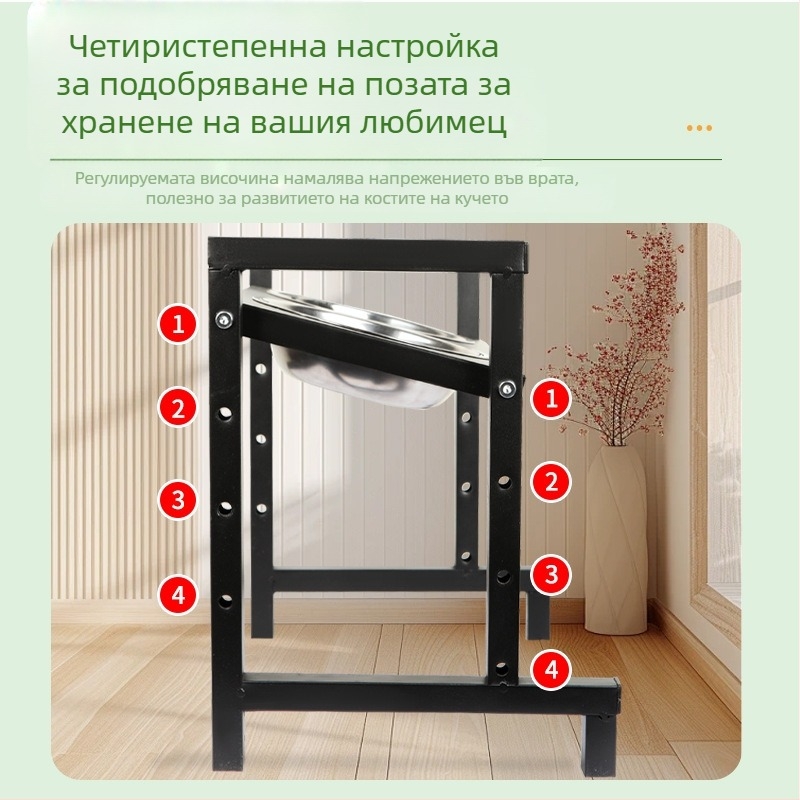 Хранителна маса за домашни любимци с повдигната височина и четиристепенно регулиране на наклона за опора на врата; неръждаема стомана, двойна купа за кучета от малки до големи
