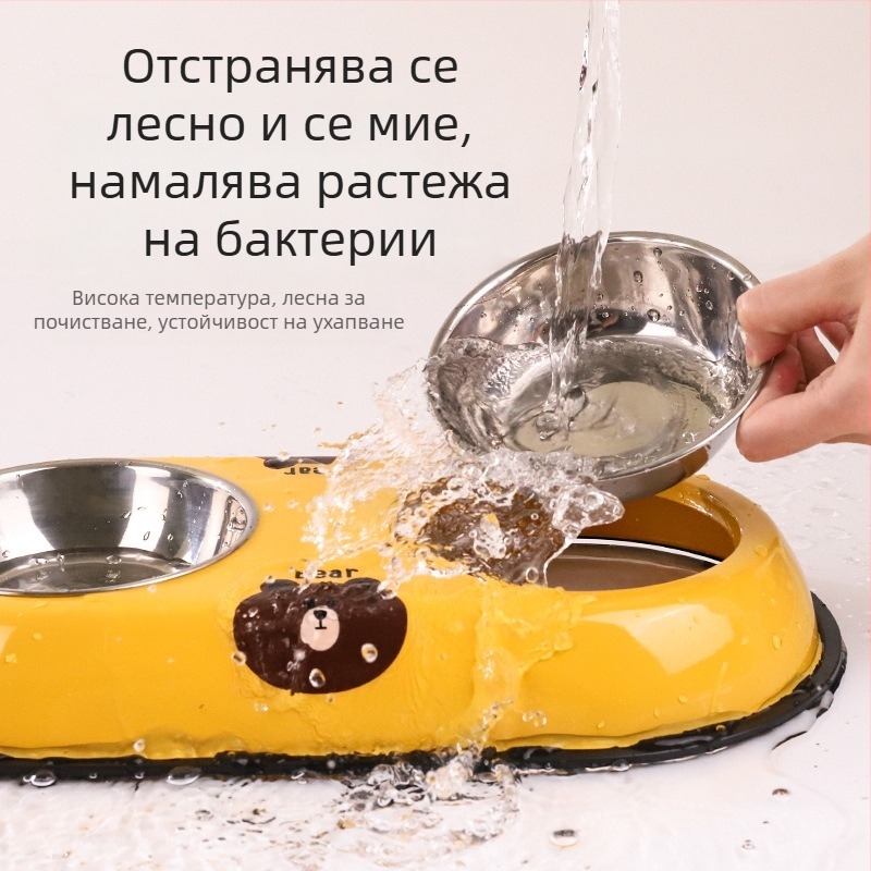 Стоманена двойна купа за домашни любимци с интегриран дизайн, антипреобръщане и автоматично хранене, Seven Oh