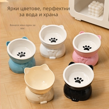 Котешка купа за храна и вода – керамична и пластмасова, наклонена устна и висок крак, подходяща за котки