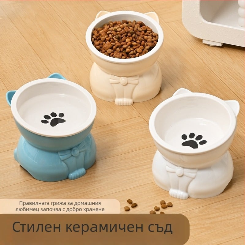 Котешка купа за храна и вода – керамична и пластмасова, наклонена устна и висок крак, подходяща за котки