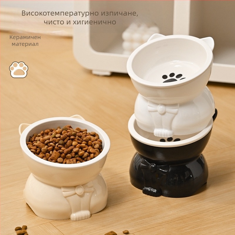 Котешка купа за храна и вода – керамична и пластмасова, наклонена устна и висок крак, подходяща за котки