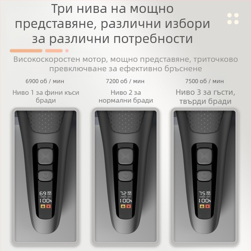Електрически бръснач с реципрочна 3-лезова глава, вградена батерия 500-800 mAh, живот на батерията до 120 минути, цифров LED дисплей, изцяло миещ се корпус