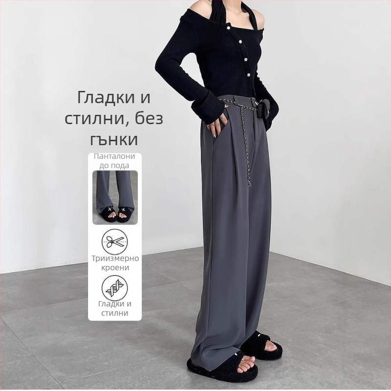 Женски панталони с широки крачоли и висока талия, ежедневен стил с корейски акцент, полиестер-еластанова смес, висока еластичност, пролет 2024