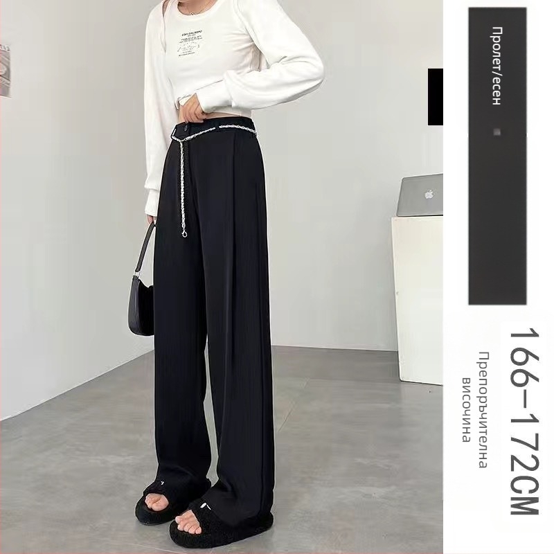 Женски панталони с широки крачоли и висока талия, ежедневен стил с корейски акцент, полиестер-еластанова смес, висока еластичност, пролет 2024