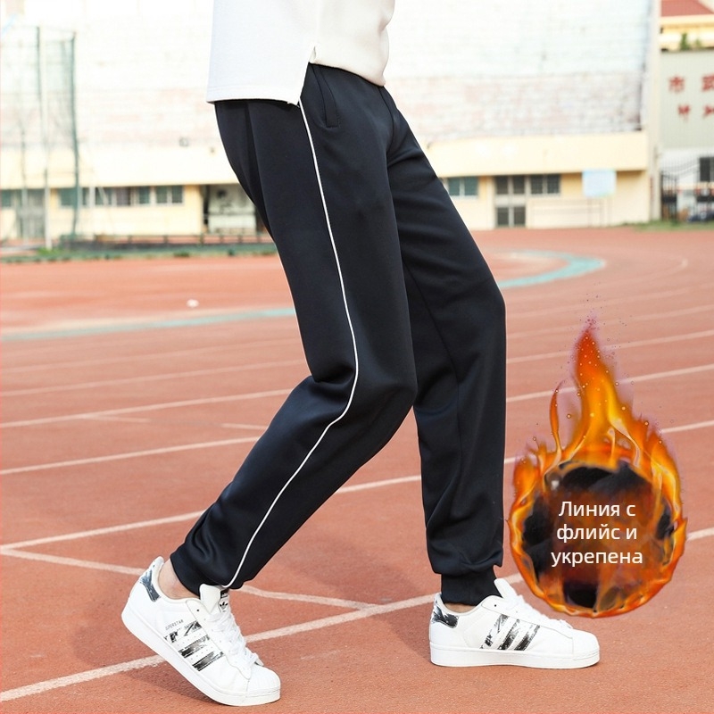 Зимни подплатени с кадифе училищни панталони за униформа с две ленти, средна талия, 100% полиестер – спортни панталони за училище