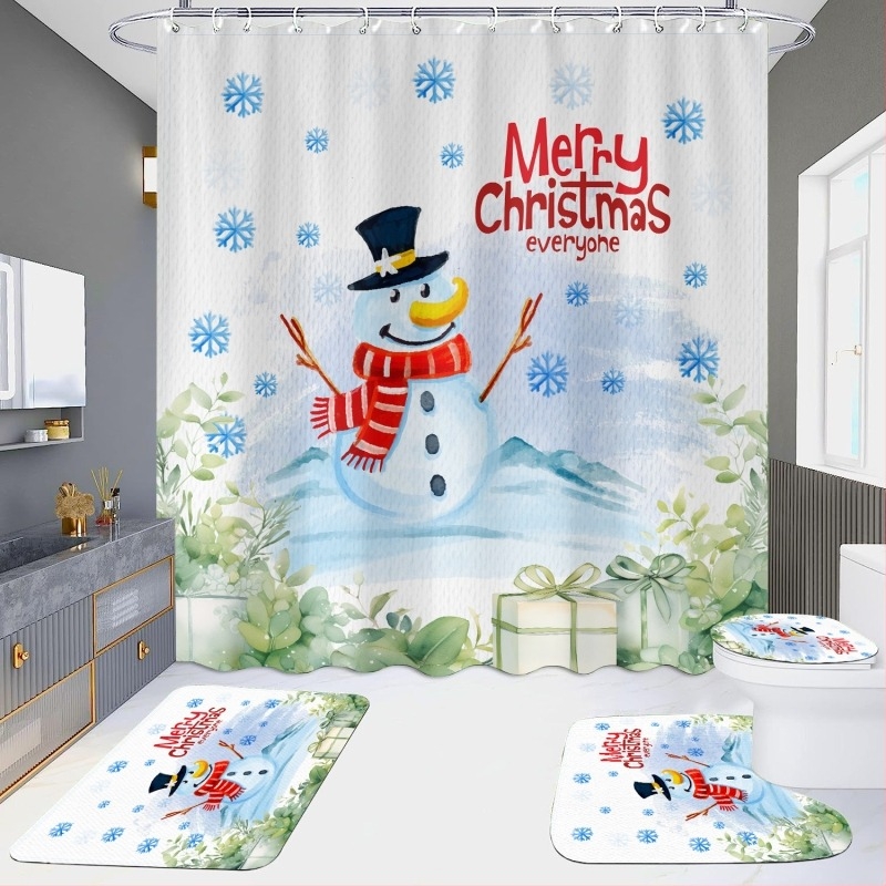 Душ завеса, комплект от 4 части с дизайн на коледен снежен човек, водоустойчива, без пробиване, HD дигитален печат