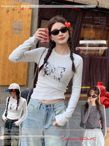 Дамска тениска с дълъг ръкав — памук 90–95%, кръгла яка, тясна кройка, стил: японски/корейски лайфстайл