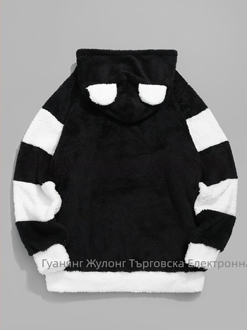 Дамски велурен суитшърт с качулка и джобове, котешки уши, дизайн с блокове, удебелен, есен 2024