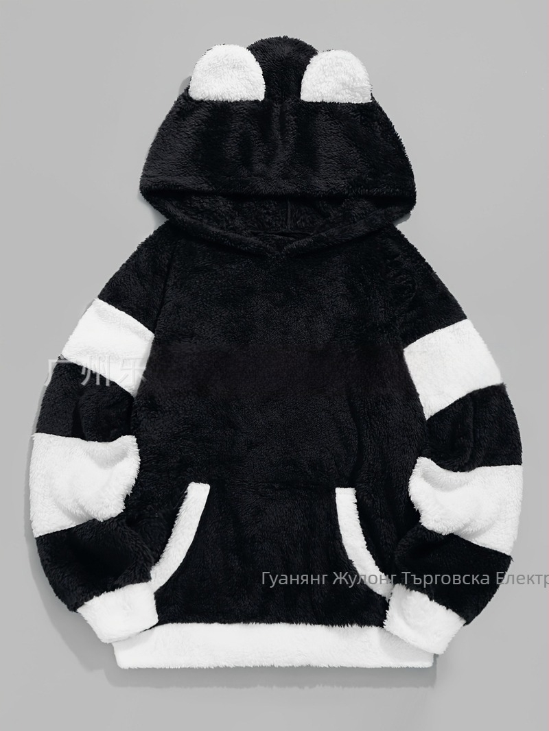 Дамски велурен суитшърт с качулка и джобове, котешки уши, дизайн с блокове, удебелен, есен 2024