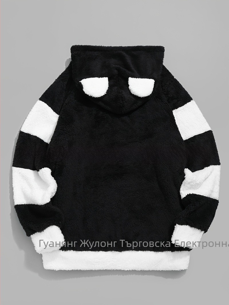 Дамски велурен суитшърт с качулка и джобове, котешки уши, дизайн с блокове, удебелен, есен 2024