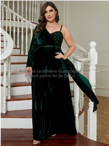 Елегантна вечерна рокля с едно рамо, пайети, дълги ръкави, висока талия, полиестер 95%+