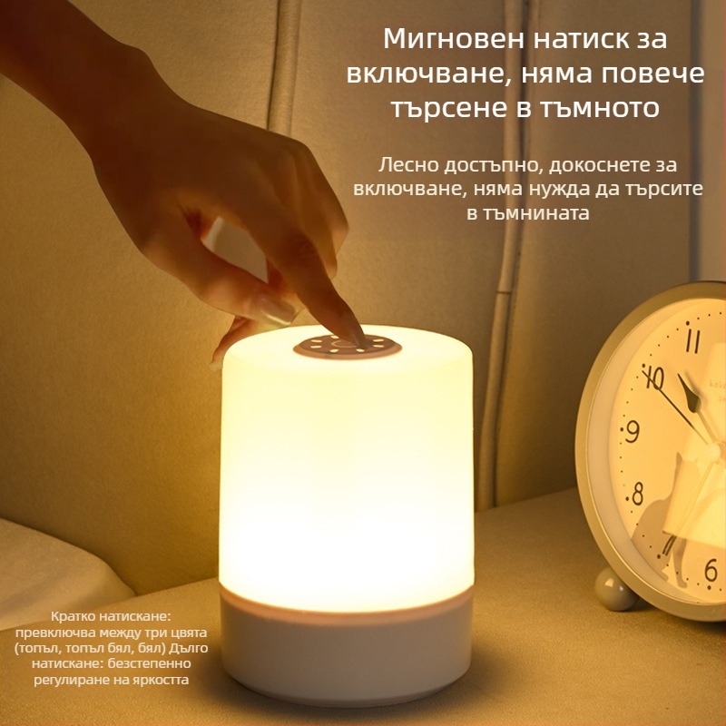 Нощна лампа за нощно шкафче с управление чрез допир, презареждаща се батерия, защита на очите, геометричен PP абажур