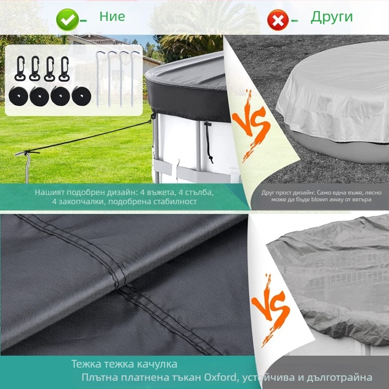 Кръгло покривало за басейн, прахоустойчиво и водоустойчиво, слънцезащитно, за външно ползване, 210D покритие