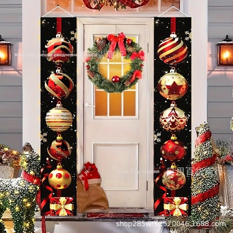 Коледна лента за входна врата с двойни надписи – минималистичен реквизит за сценично оформление