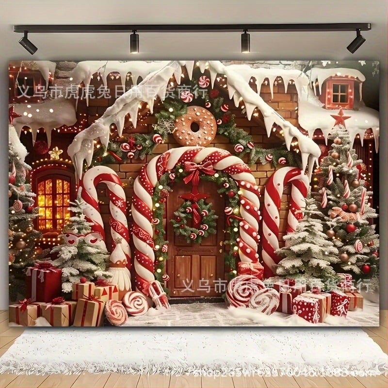 Гоблен за стена: Коледен уютен дом с фон на захарни пръчки, полиестер, стил Gingerbread man crutches, украса за Коледа, аксесоар за подреждане на помещението