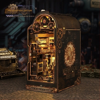 Ръчно сглобяем дървен архитектурен модел в стил стимпанк с механичен ритъм – възможност за персонализиране, подходящ като подарък за миниатюрен ландшафт.