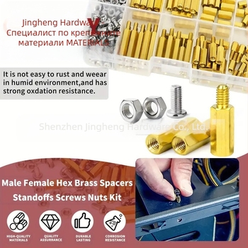 Комплект месингови изолационни стълбчета и крепежни елементи, 176 части, включва шестогранни гайки и винтове, повърхност с окисление