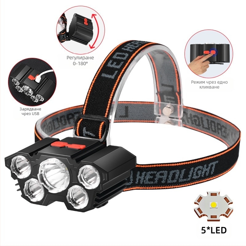 Зареждаема челна лампа с вградена 18650 батерия (1200 mAh), USB зареждане, COB светлина с 5 LED, ABS корпус, обхват до 50 м