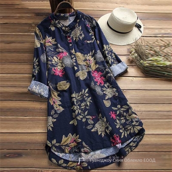 Ленено-памучна риза с принтом, яка-стойка, 3/4 ръкави, свободна кройка