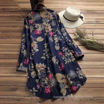 Ленено-памучна риза с принтом, яка-стойка, 3/4 ръкави, свободна кройка